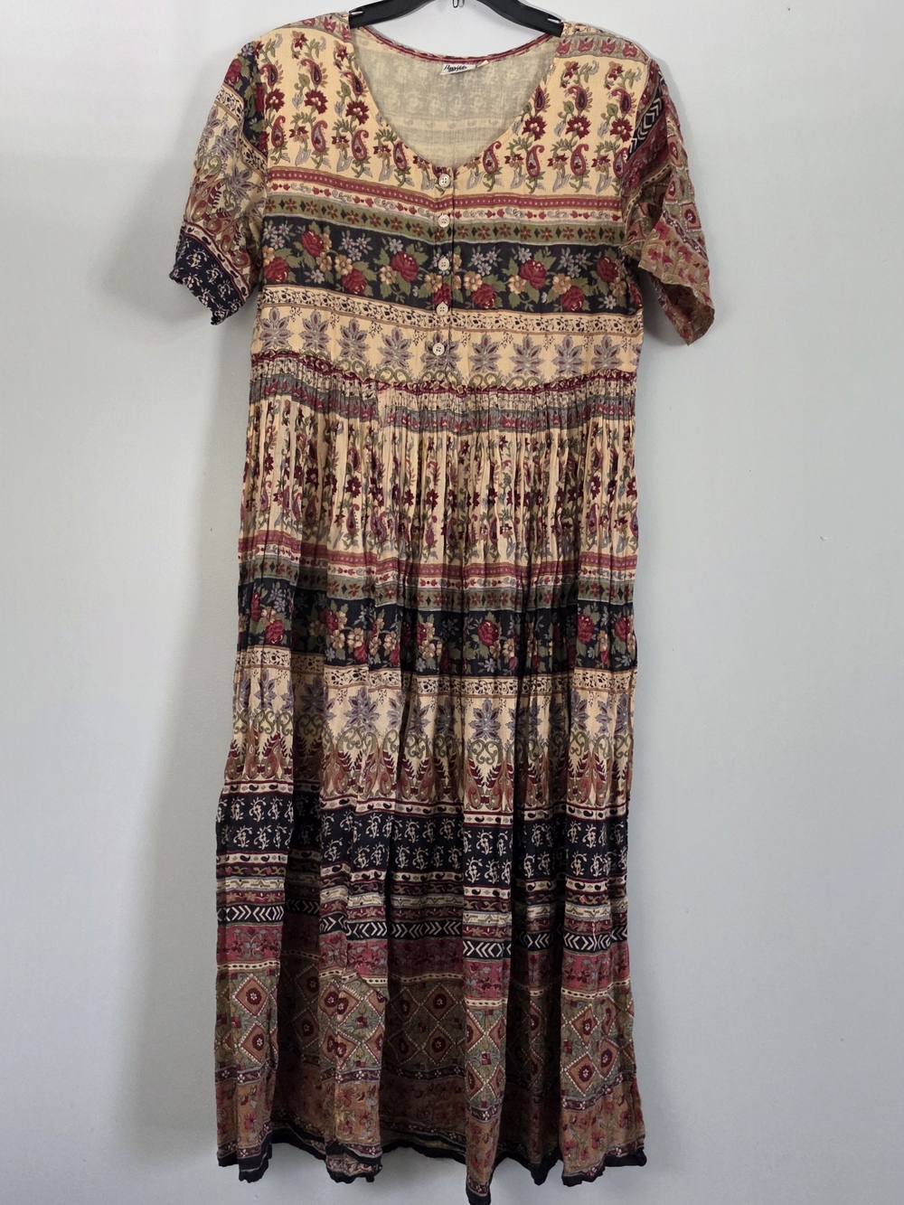 Papillon Vintage Floral Boho Tiered Maxi Dress in Earth Tones Cottage Hippie